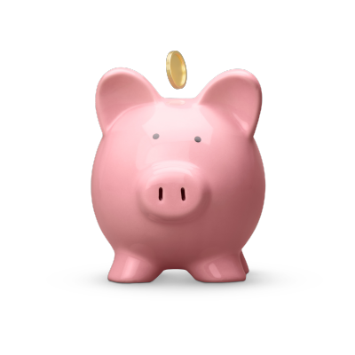 A coin being dropped into a piggy bank.